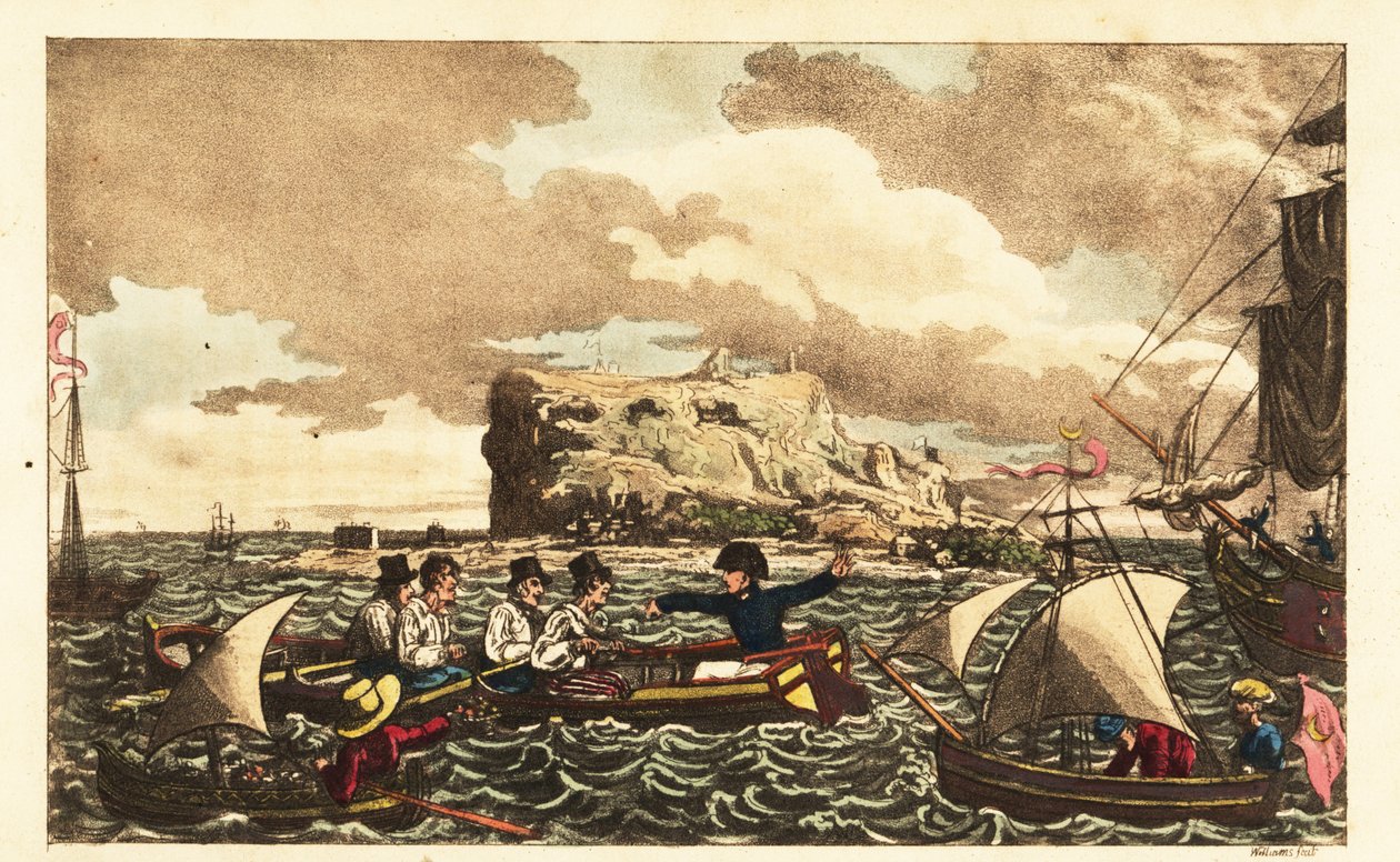 Midshipman Newcome overført med robåd til HMS Vanguard nær Gibraltar af Charles (c.1797 1850) (after) Williams