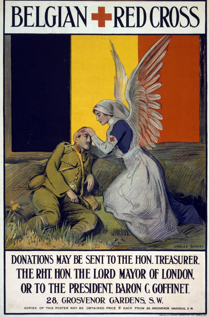 Fundraising plakat for Belgisk Røde Kors, pub. 1914-18 (farve litho) af Charles A. Buchel
