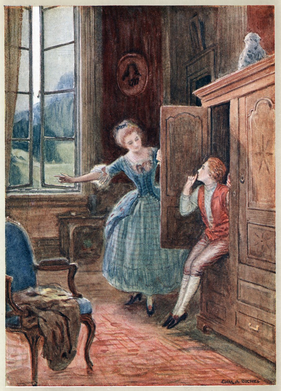 Scene fra Mozarts opera Figaros bryllup. (Le Nozze di Figaro), komisk opera (opera buffa) med libretto af Lorenzo da Ponte (1749-1838) efter Beaumarchais, første gang opført den l. maj 1786 i Burgtheater, Wien. af Charles A. Buchel