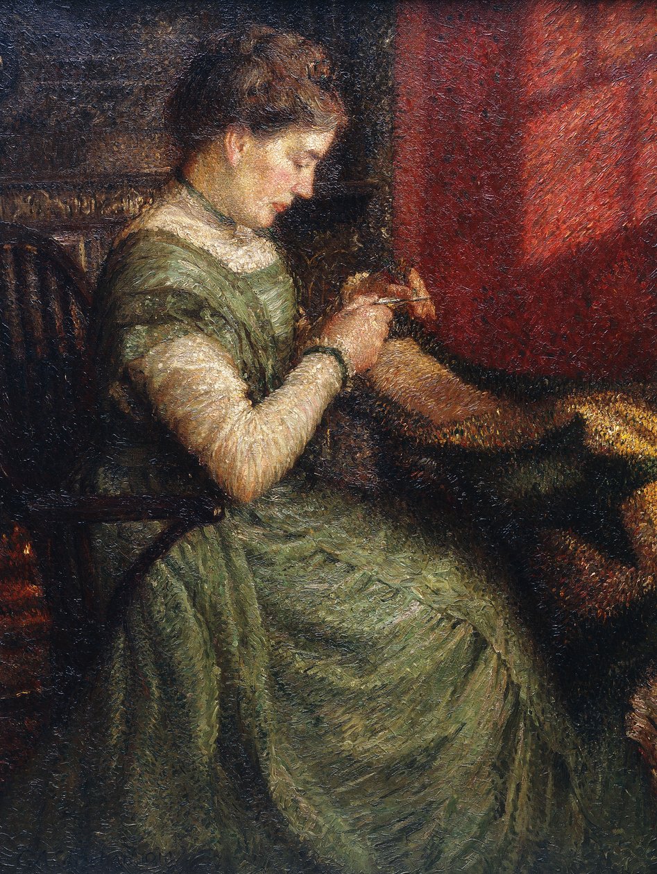 Portræt af en dame, der sidder i en lænestol, der syr af Charles A. Sheehan