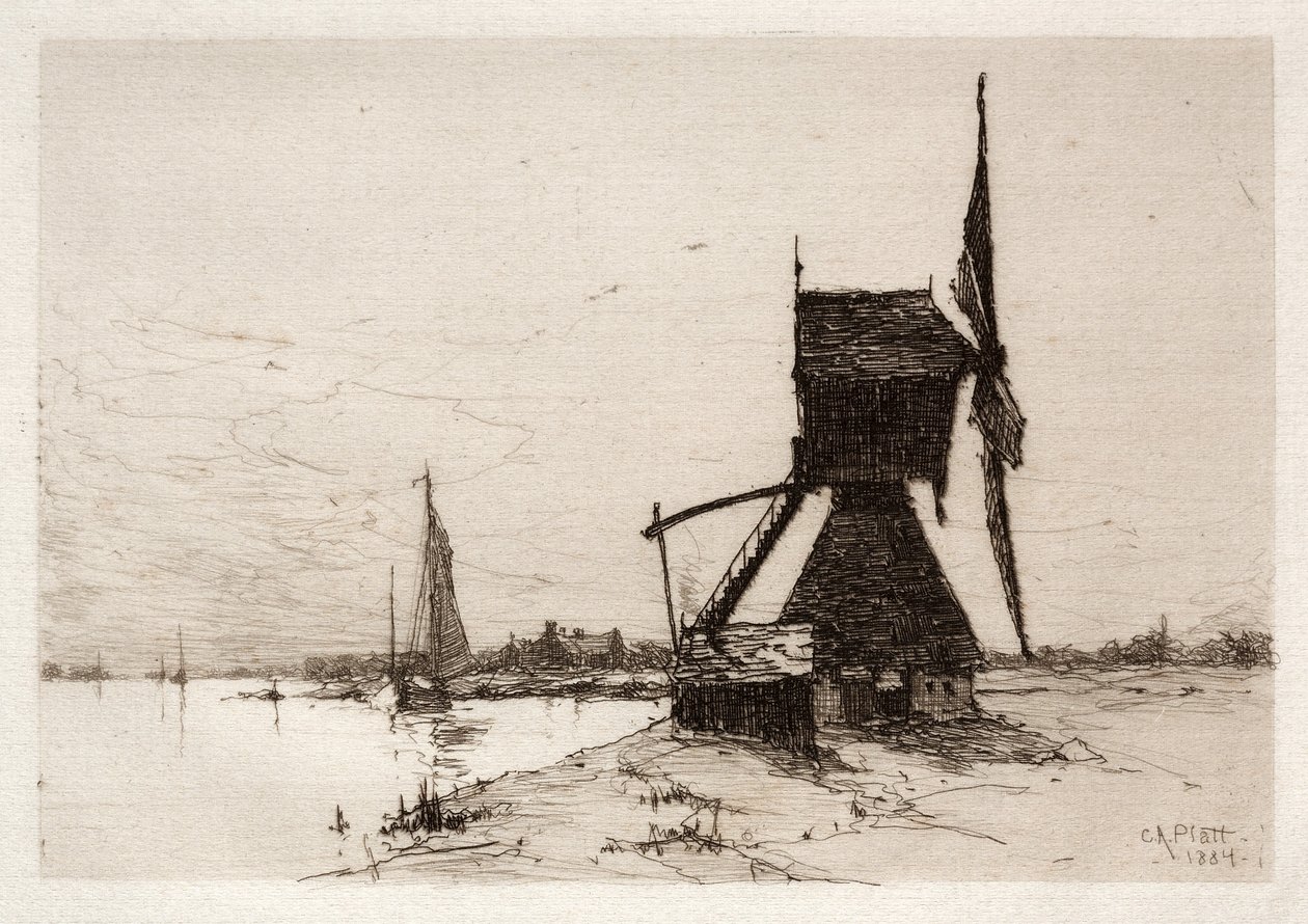 Vindmølle langs kysten, 1884. af Charles Adams Platt