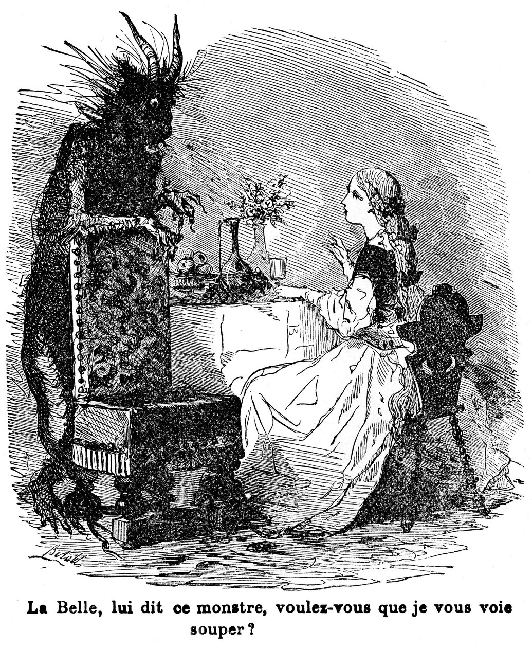 Illustration til fortællingen om fru Jeanne Marie Leprince de Beaumont "Skønheden og Bete", 1800-tallet af Charles Albert dArnoux Bertall