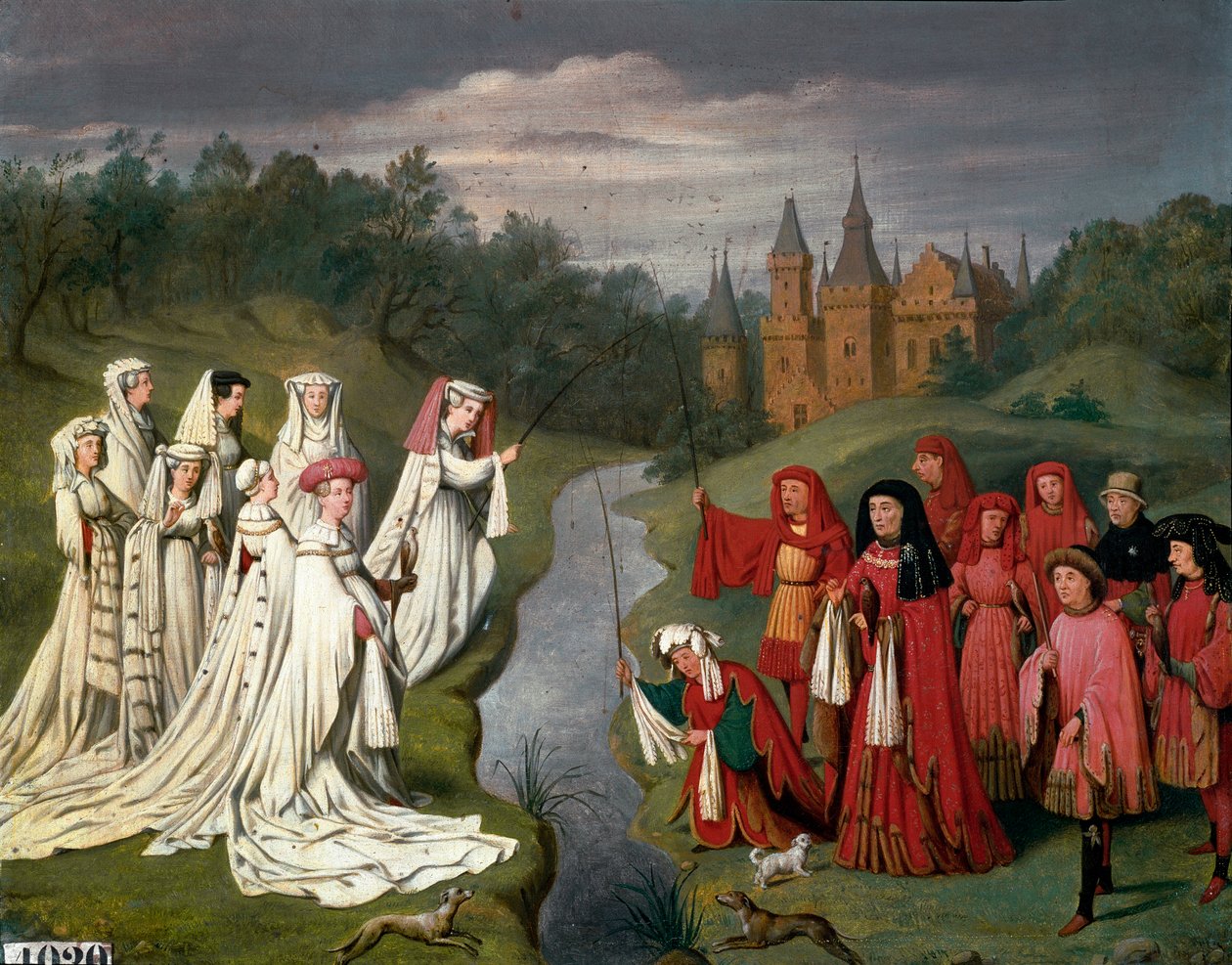 Ni prinser og otte prinsesser af huset Bourgogne fra Philippe the Hardi til Charles the Temeraire, jager en falk eller fisker en line i parken ved et slot Maleri af Charles Alexandre (Charles-Alexandre) Debacq (1804-1850), efter Jan. Van Eyck af Charles Alexandre Debacq
