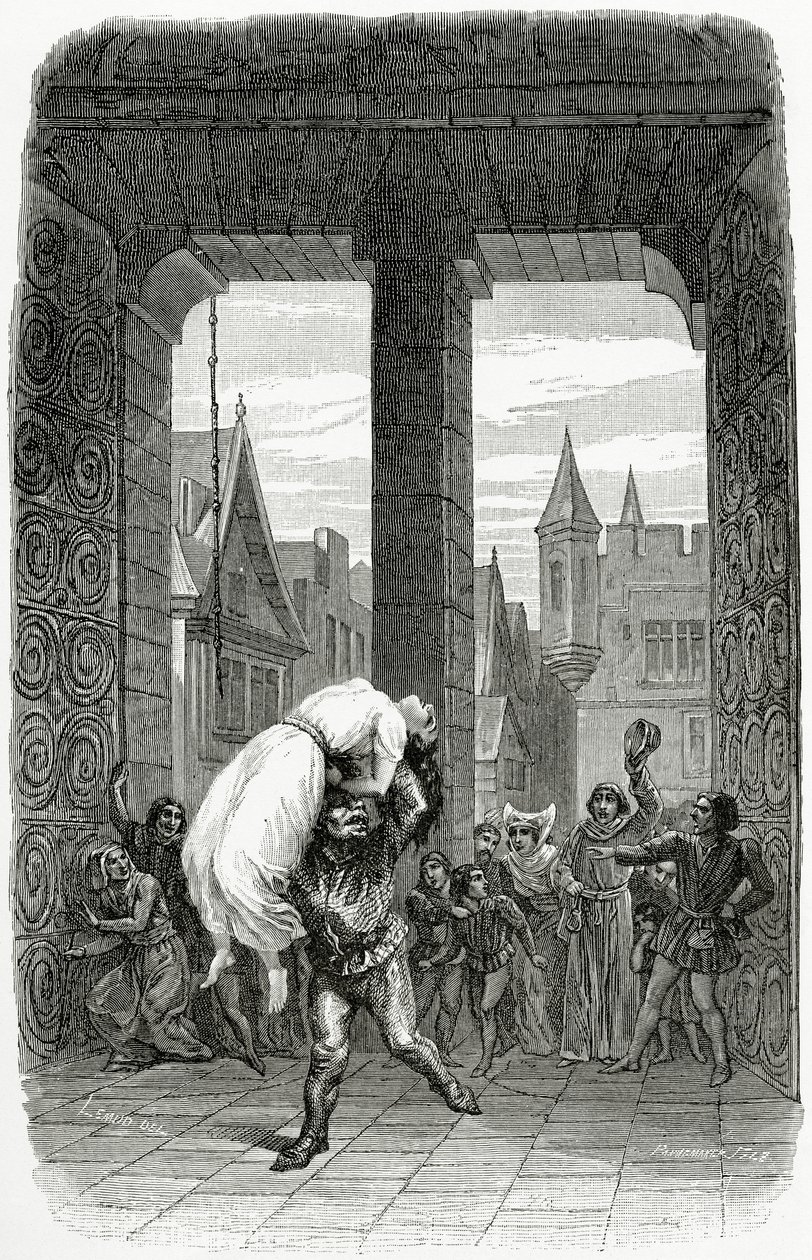Quasimodo redder Esmeralda fra henrettelse - illustration fra Notre Dame de Paris, 1800-tallet (bw-gravering) af Charles Alexandre Lesueur