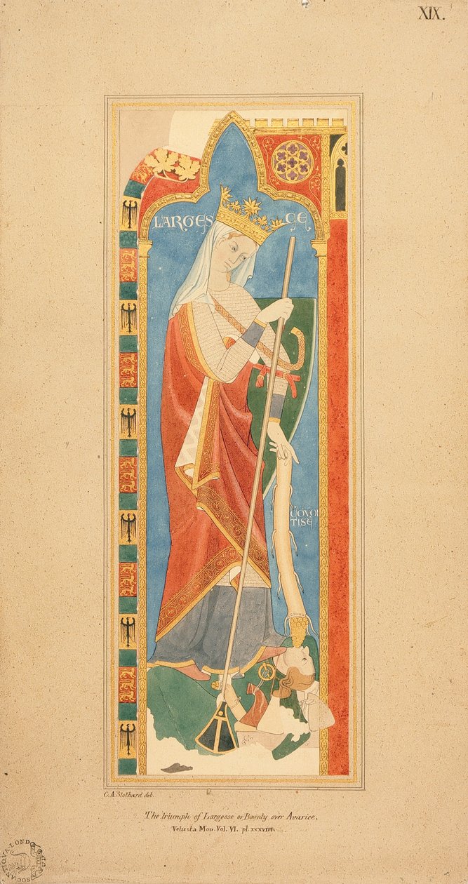 The Virtues Largesce and Debonerete (Largesce) 1819 (akvarel med hævet forgyldt detalje på papir) af Charles Alfred Stothard