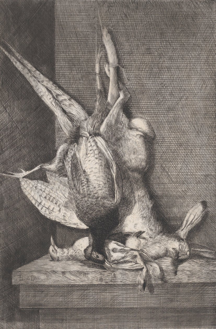 Jagttrofæ med fuglevildt og kanin, 1850-1900. af Charles Alphonse Deblois