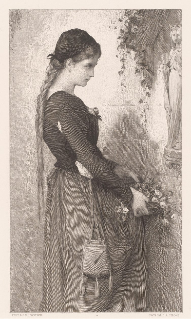 Ung kvinde bringer blomster til niche med statue af Maria Marguerite (titel på objekt) af Charles Alphonse Deblois