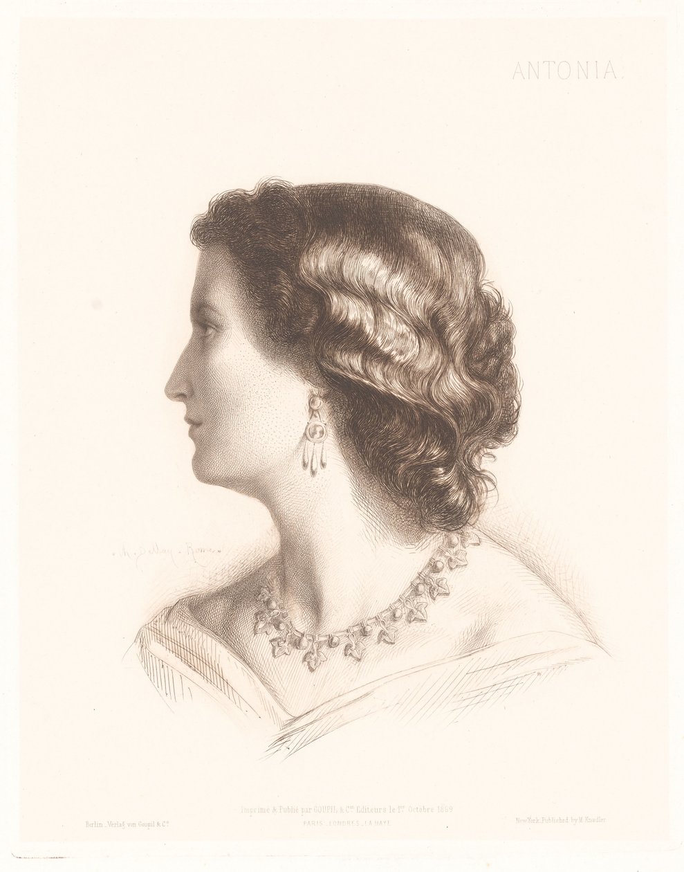 Portræt af en italiensk kvinde Antonia. (titel på objekt) Portrætter af italienske kvinder (serietitel) af Charles Alphonse Paul Bellay