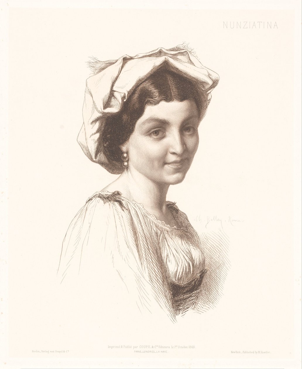 Portræt af en italiensk kvinde Nunziatina (titel på objekt) Portrætter af italienske kvinder (serietitel) af Charles Alphonse Paul Bellay