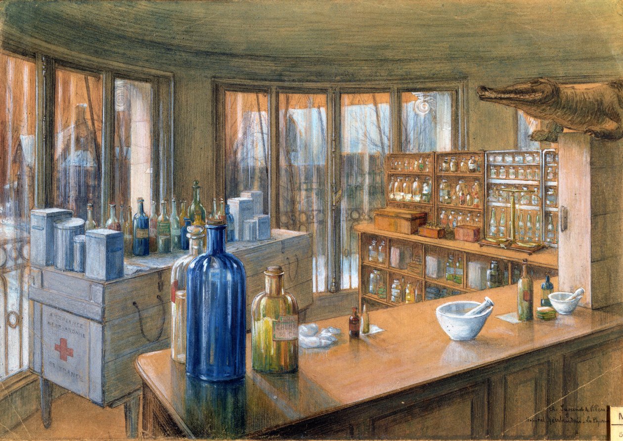 Apoteket på det hollandske militærhospital i Paris, 1917 (blyant og kridt på papir) af Charles Andre Igounet de Villers
