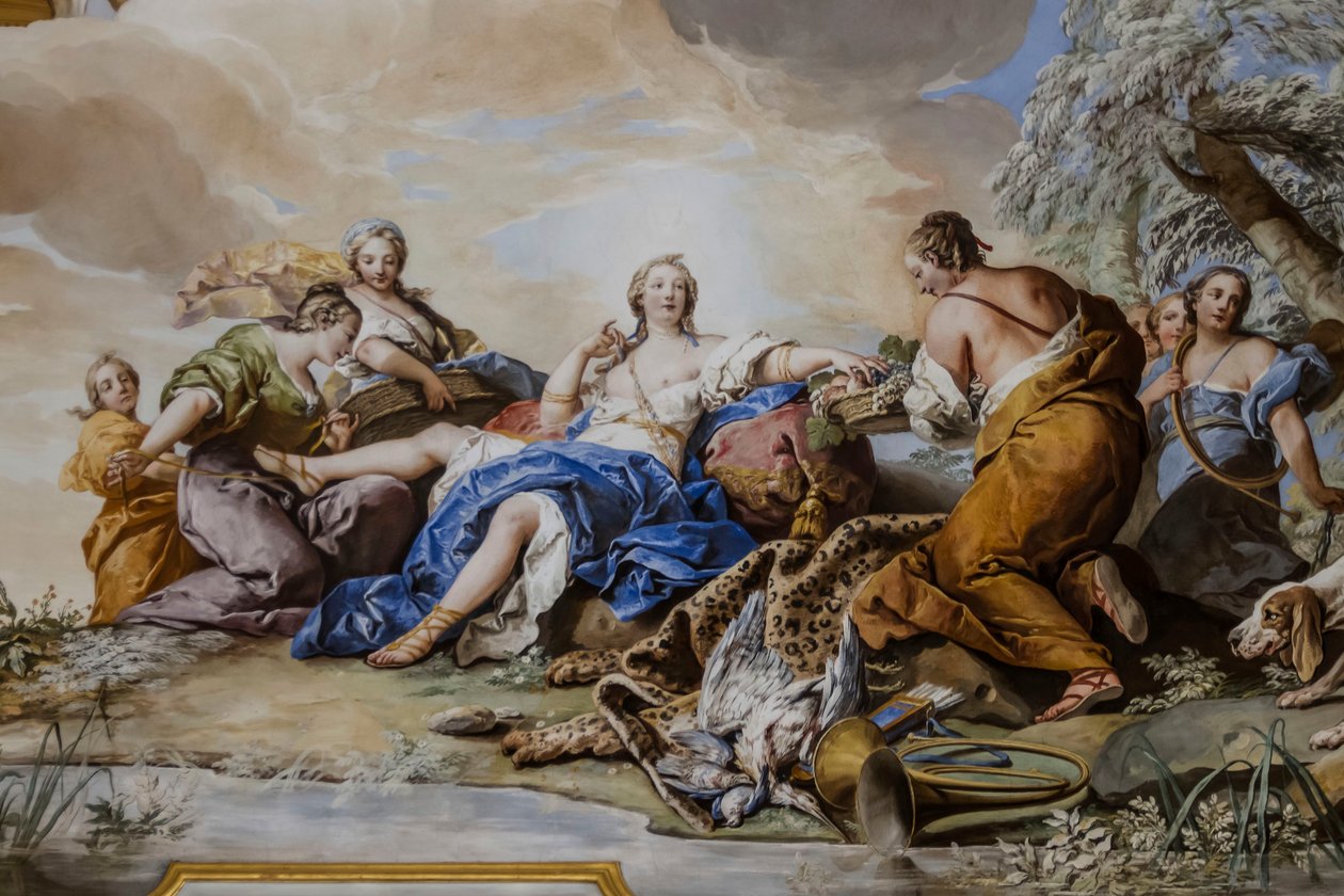 Resten af ​​Diana blandt nymfer, af Charles-Andre van Loo (1705-1765), fresco af Charles André van Loo