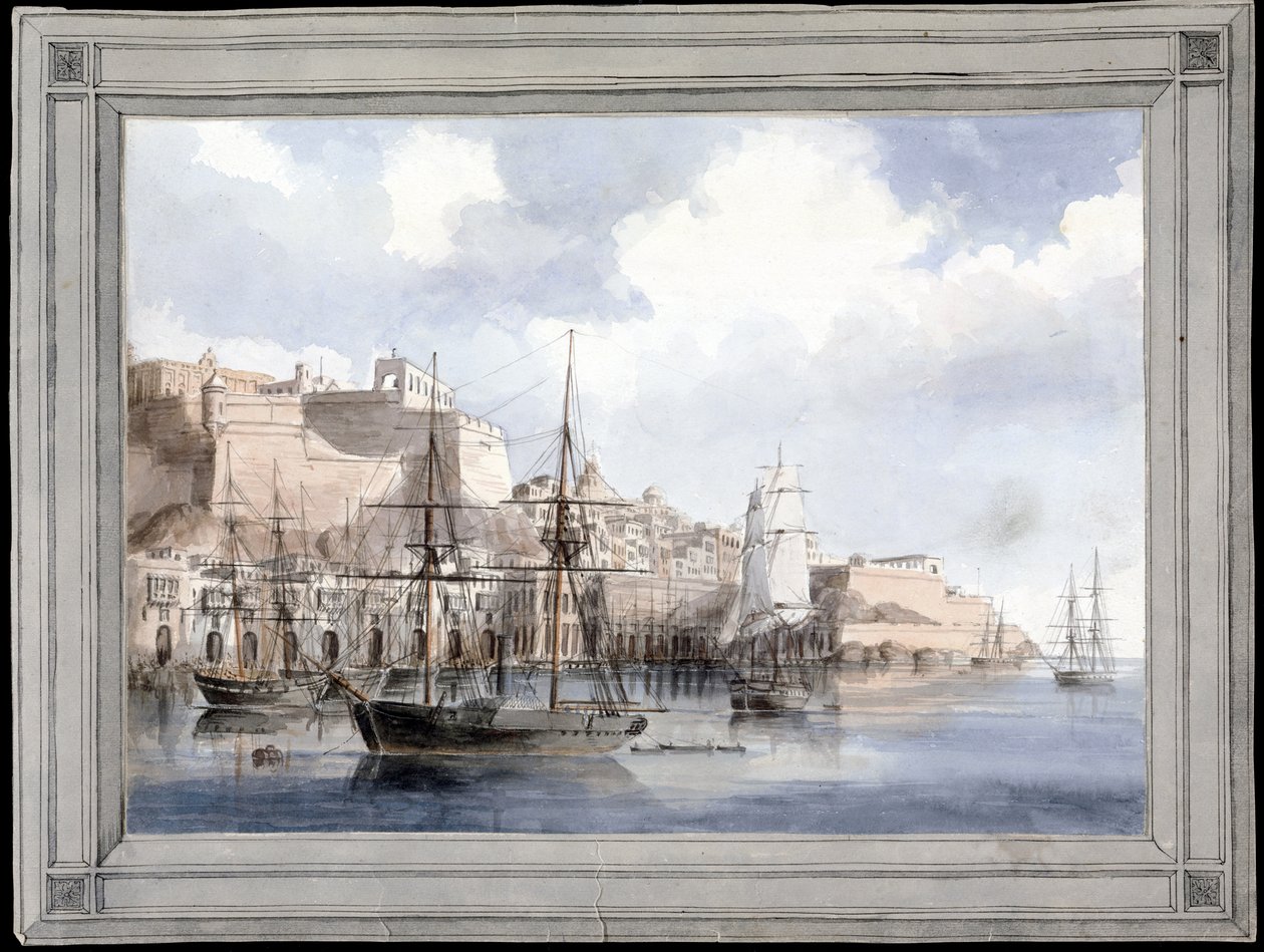 Udsigt over Malta (udsigt på Malta) (Grand Port de la Valette med Fort Sant Angelo) - Maleri af Charles Andrew Dyce (1816-1853), akvarel på papir (25,1x34,9 cm), omkring 1849 - Yale University ( USA) af Charles Andrew Dyce