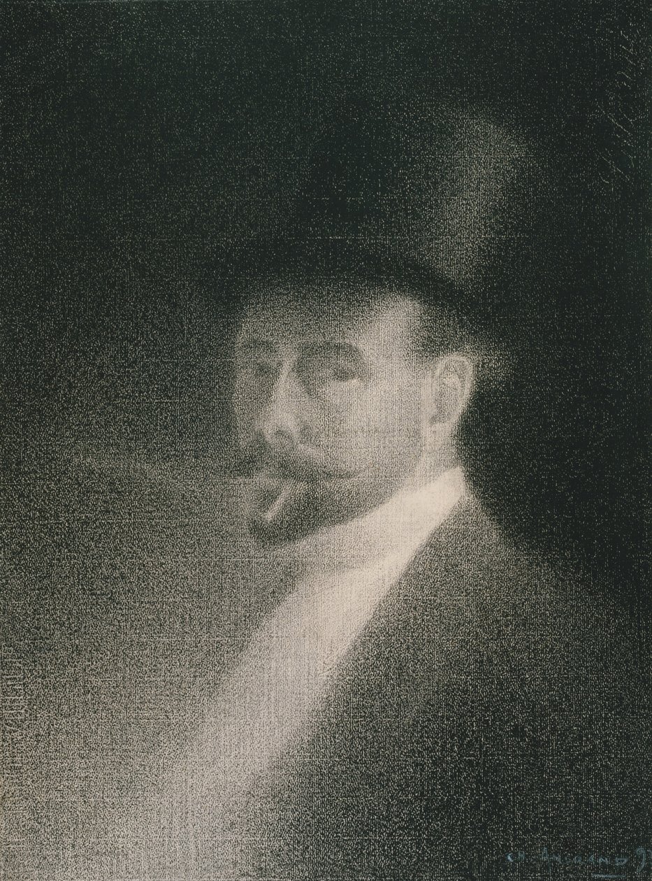 Selvportræt, 1892 (Conté farveblyant på hvidt lagt papir om bord) af Charles Angrand