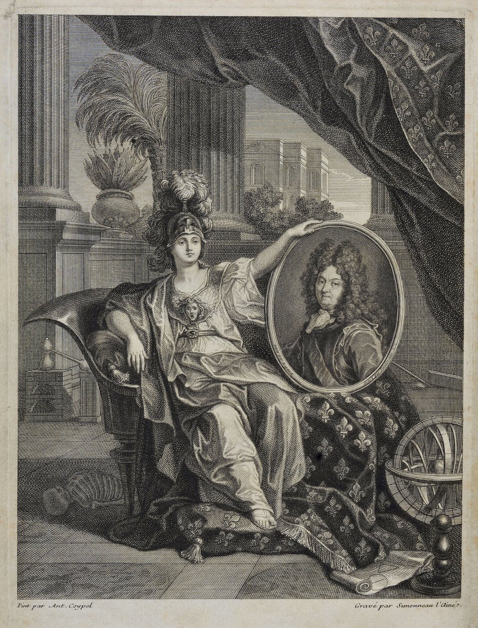 Ludvig XIV (1638-1715), konge af Frankrig, videnskabens beskytter - gravering af Antoine Coypel i "Historien om Det Kongelige Videnskabsakademi"" 1703 af Charles Antoine (after) Coypel