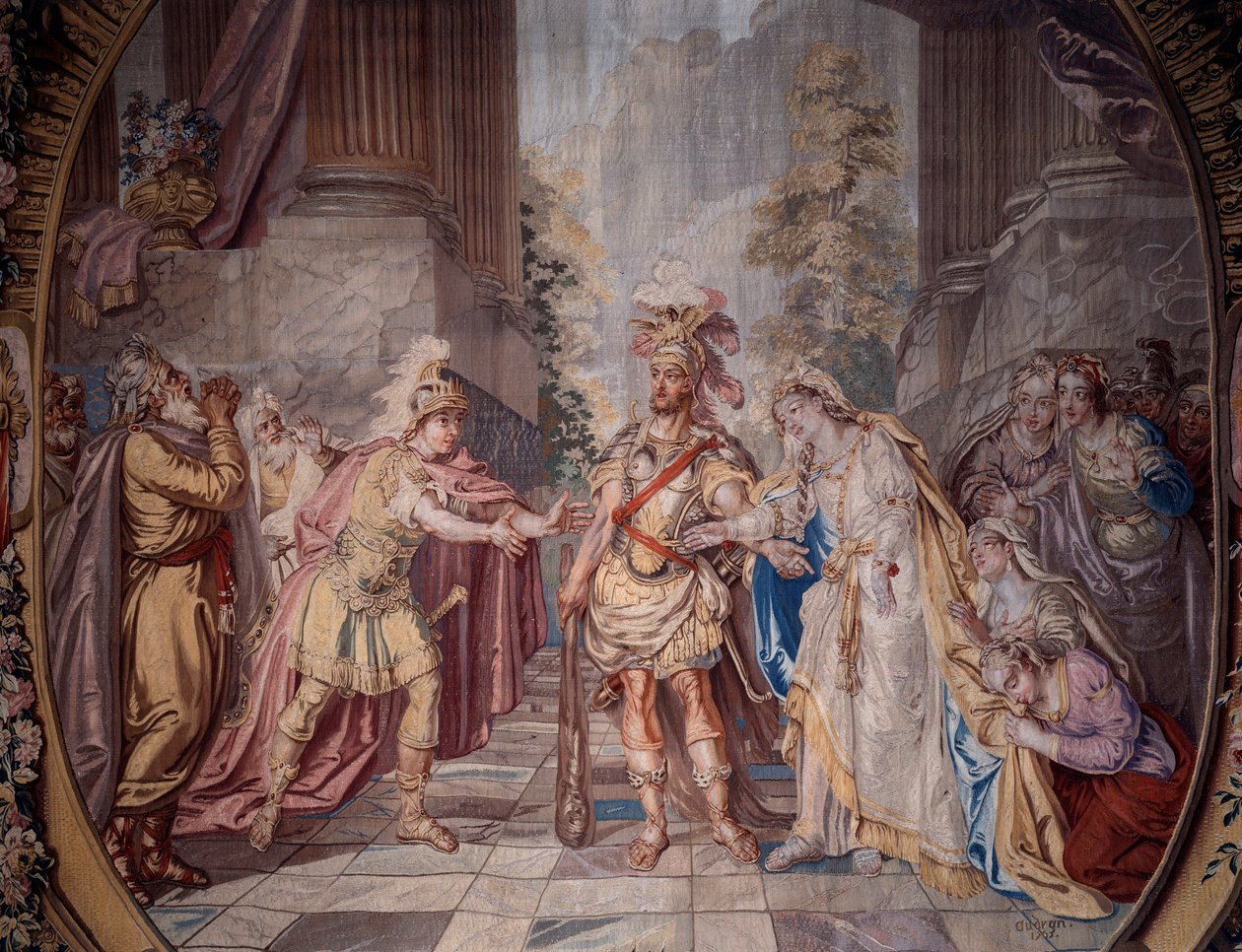 Scenografi: "" Alceste"" Repræsentation af scene 4 i akt V i operaen af Philippe Quinault (1635-1688) sat i musik af Jean Baptiste Lully (Giovanni Battista Lulli) (1632-1687). Detalje af et gobelin af Charles Antoine Coypel (1694-1752) 1764 lavet i Mi af Charles Antoine (after) Coypel