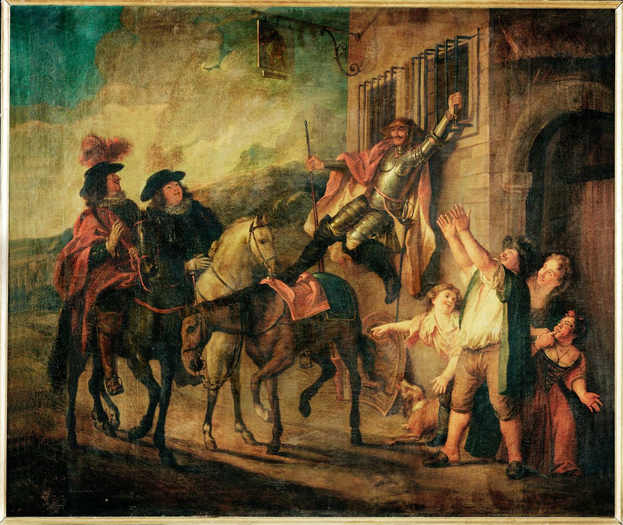 Don Quichotte attache a unse fenetre par la malice de Maritorne - Don Qijote bliver på grund af Maritornes ondskab spændt fast til et vindue ... af Charles Antoine Coypel