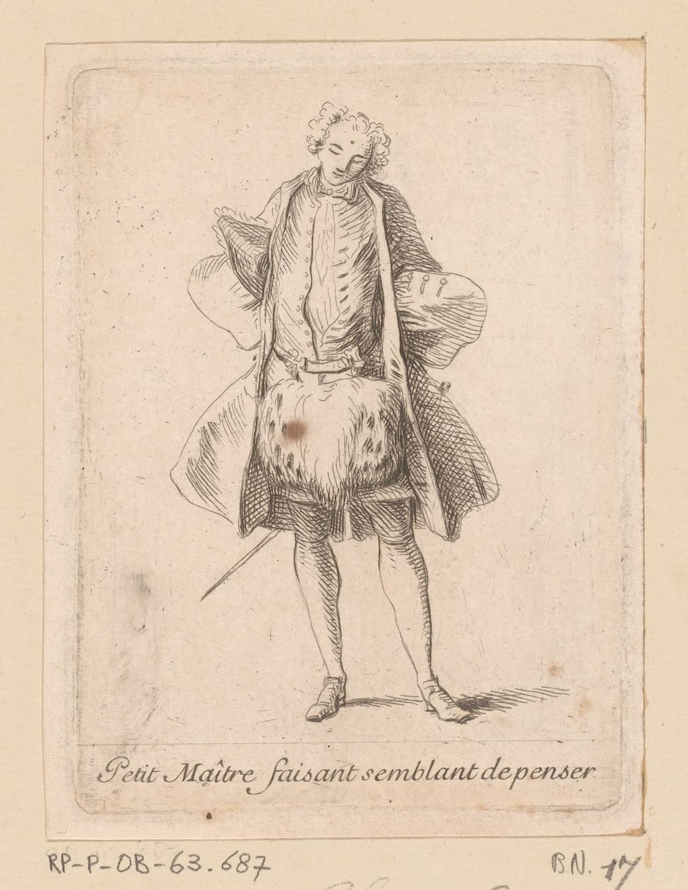 Stående adelsmand set forfra Petit Maître faisant semblant de penser (titel på objekt) Figures de modes (serietitel) af Charles Antoine Coypel