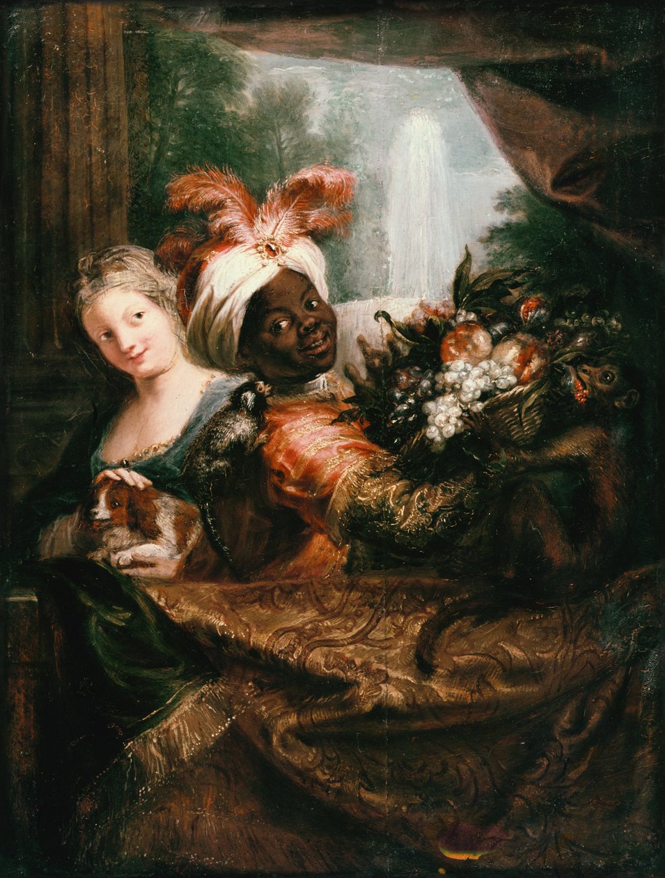 Ung sort mand holder en kurv med frugt og en ung pige, der stryger en hund af Charles Antoine Coypel