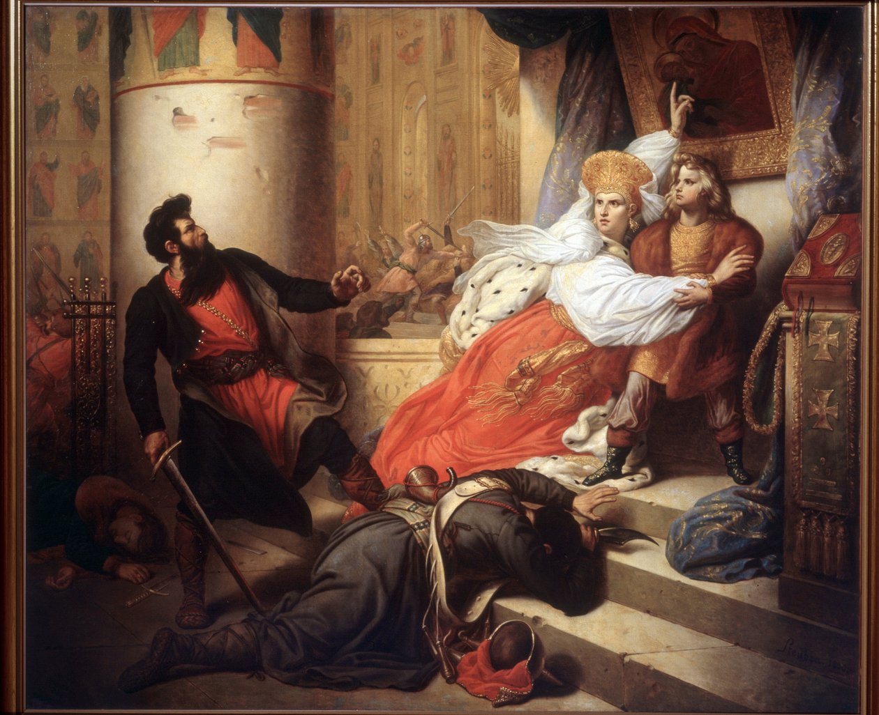 Moderen (Nathalie Narychkine, Natalia Narychkina) (1651-1694) reddede Peter I af Rusland (eller Peter den Store), som barn, under Streltsy-oprøret (strelets) i 1682 (Moderen reddede Peter I som barn under Streltsy-oprøret Opstanden 1682). Malet af Charles Auguste Steuben