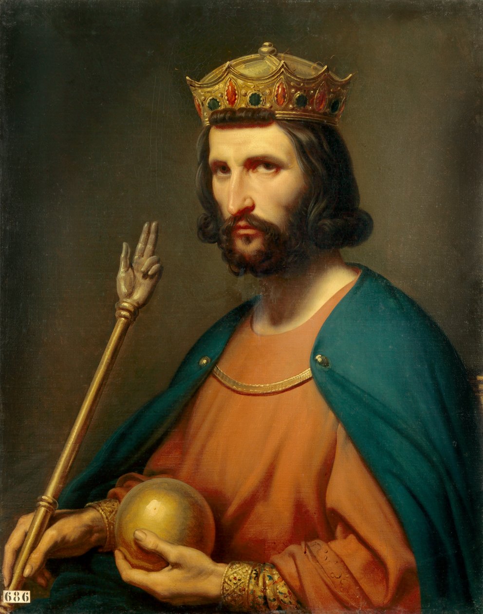 Portræt af Hugues Capet (941-996) konge af Frankrig i 987. Han holder en globus og et scepter i hånden, magtsymboler. Maleri af Charles de Steuben (1788-1856) 1800-tallet søn. 0,91x0,74 m. - Portræt af Hugues Capet (941-996), konge af Frankrig i 987. Han h af Charles Auguste Steuben