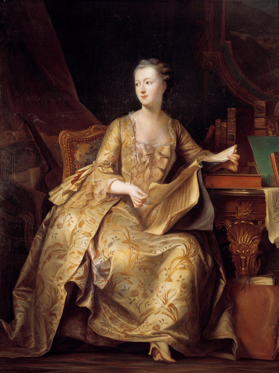 Portræt af Jeanne Antoinette Poisson, Madame de Pompadour (kendt som Marquise of Pompadour) (1722-1764) med et partitur musik, Maleri af Charles Auguste Steuben (1788-1856) (ec.alle) 1800-tallet søn. 1,65x1,32 m af Charles Auguste Steuben