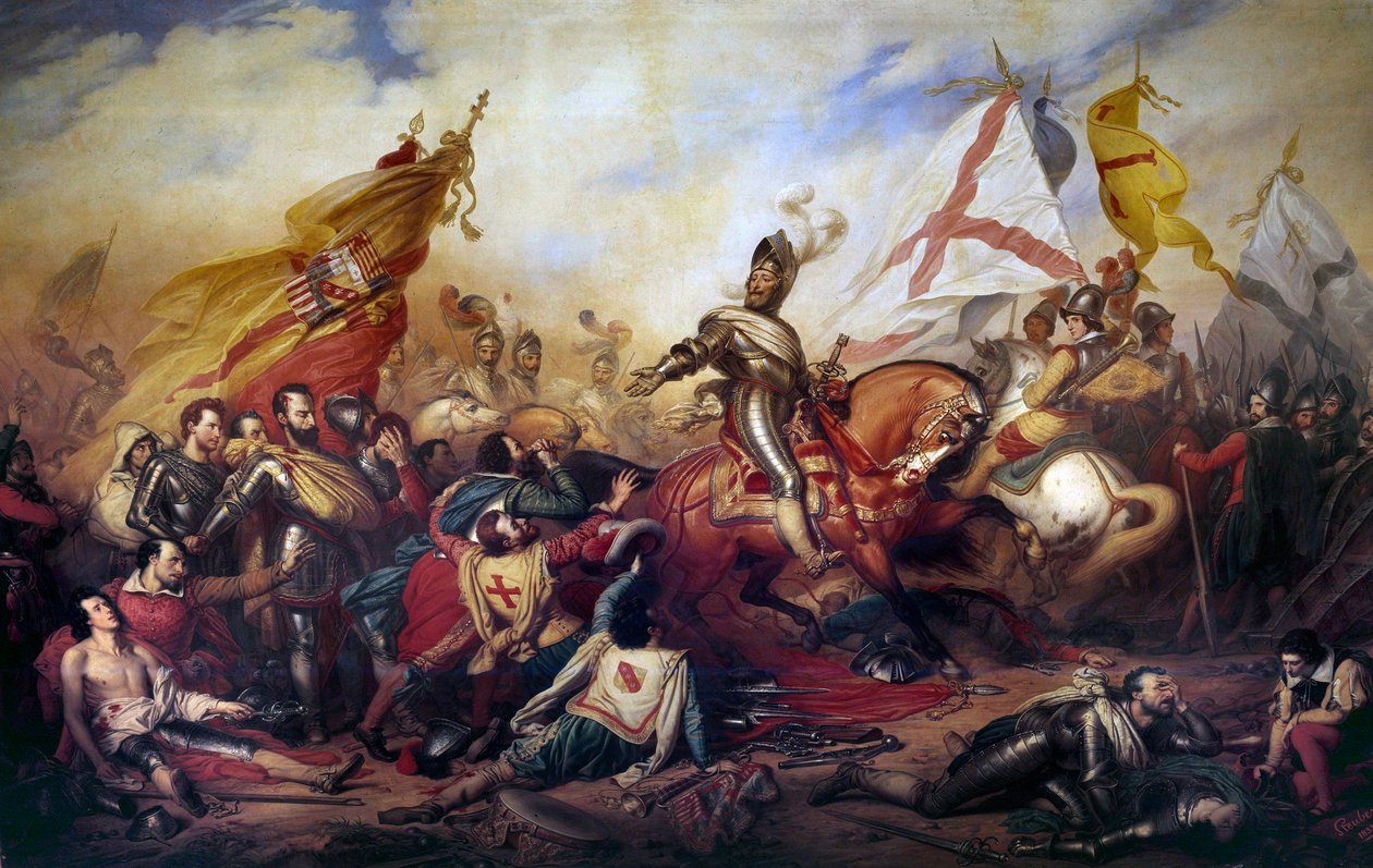 Religionskrige (1562-1598): "" Kong Henrik IV af Frankrig (1553-1610) ved slaget ved Ivry den 14/03/1590"" Den kongelige hær vandt over den katolske ligas hær. Detalje af maleriet af Charles de Steuben (1788-1856) 1800-tallet søn. 4,2x8,1 m - Wa af Charles Auguste Steuben