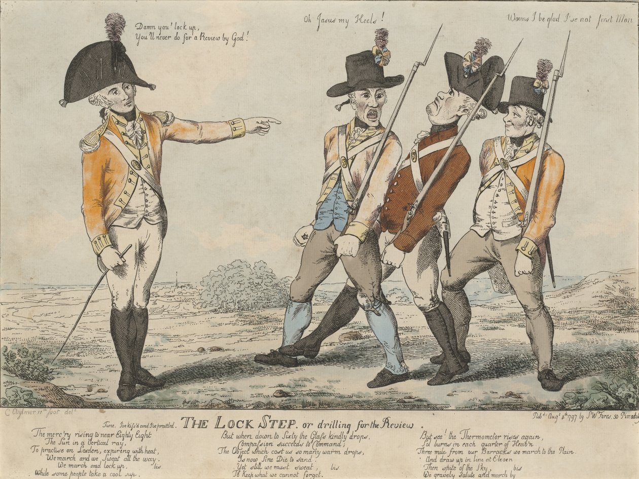 The Lock Step, or drilling for the Review, 1797 (farvet radering) af Charles Aylmer