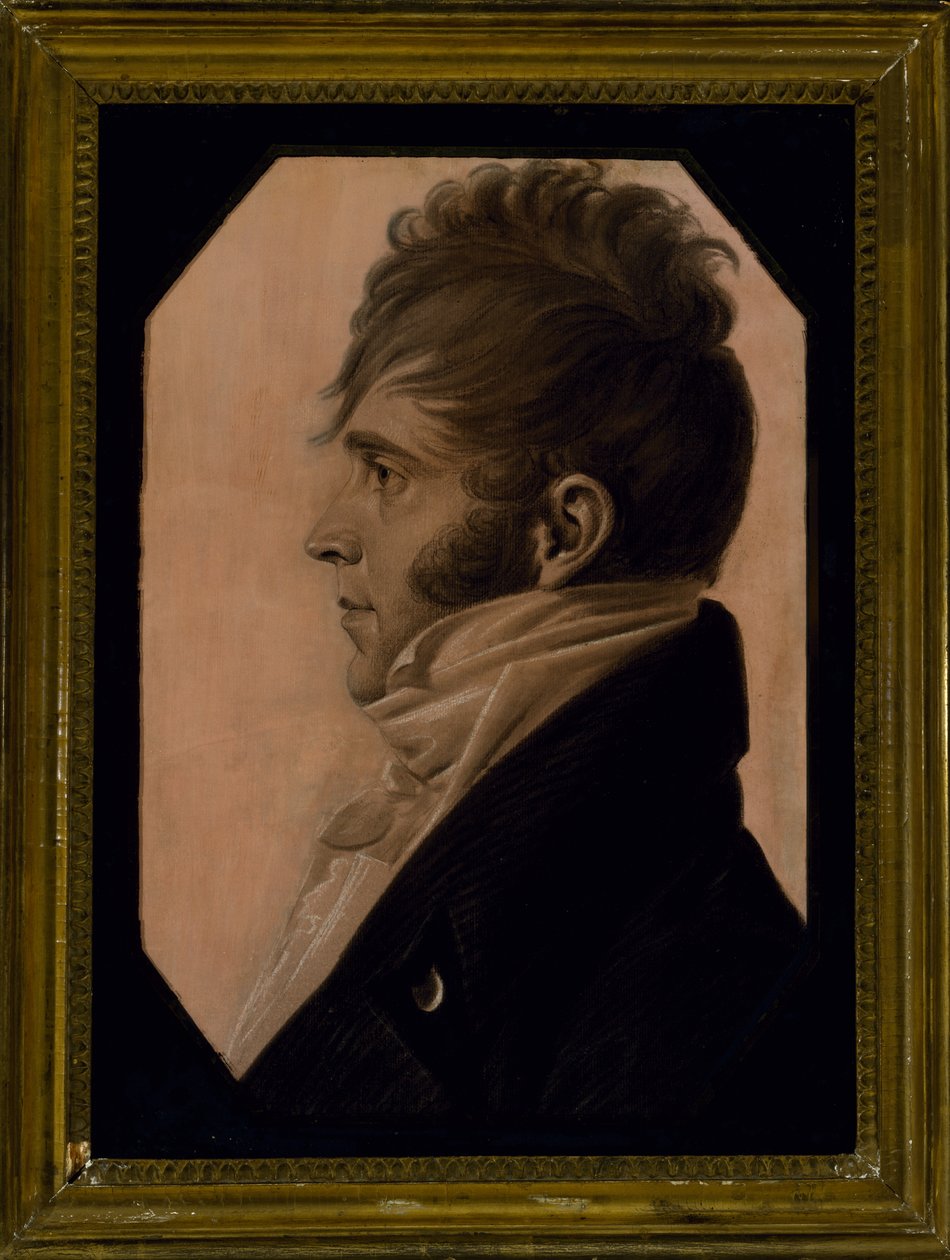 Portræt af en mand, ca. 1804 (sort kridt forhøjet med hvidt på pink papir) af Charles Balthazar Julien Févret de Saint Mémin
