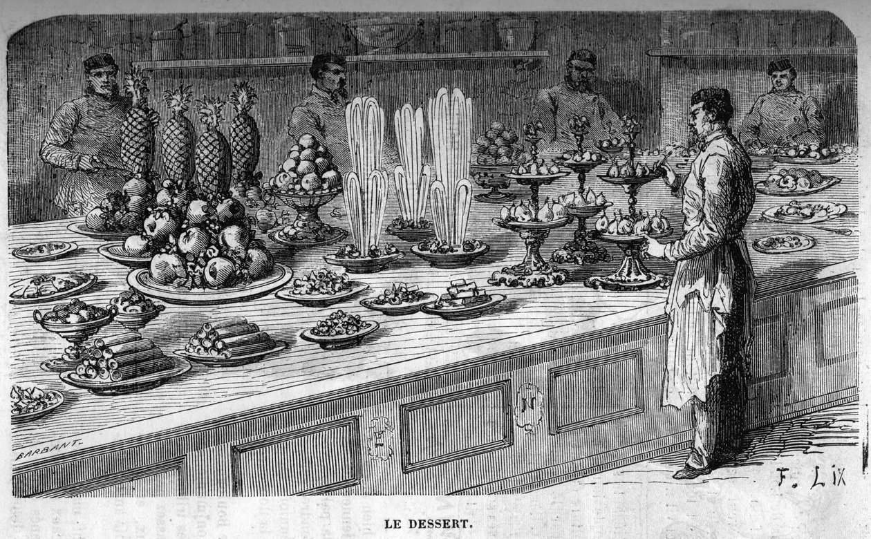 Køkkener fra Palais des Tuileries: Tilberedning af desserter under en reception under det andet imperium. Gravering af Barbant af Charles Barbant