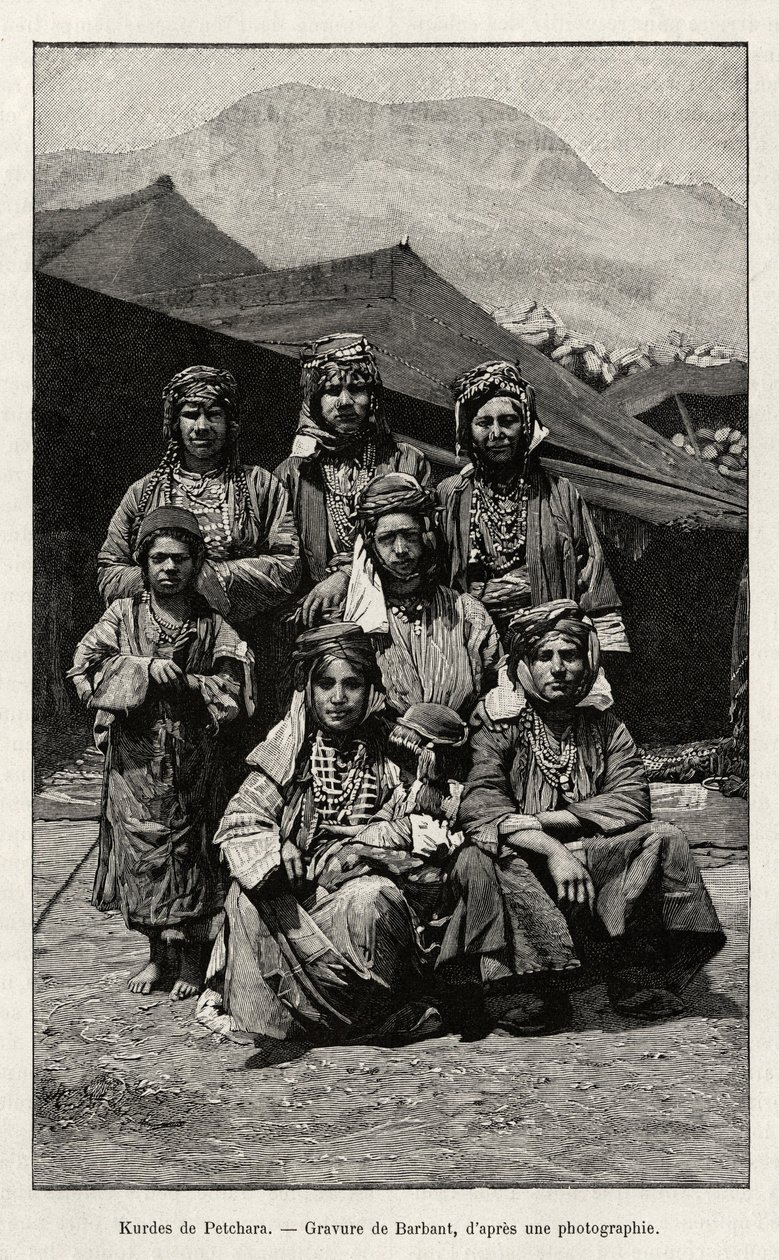 Kurderne af Petchara (Tyrkiet). Gravering af Barbant til illustration af historien "Gennem russisk Armenien, Karabagh, Arax-dalen, Ararat-massivet" "af Madame B. Chantre, i Le tour du Monde 1892, instrueret af Edouard Charton (1807-1891), Hachette, Paris. af Charles Barbant