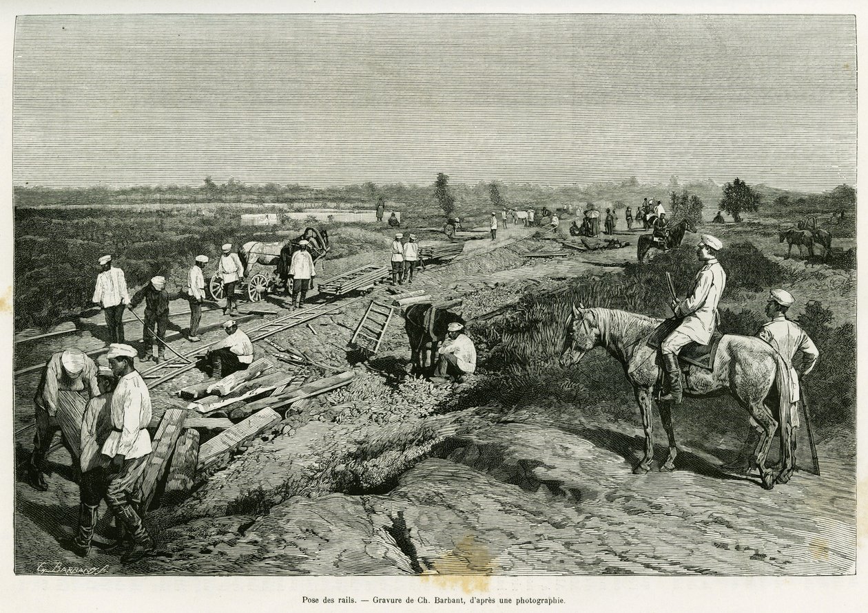 Udlægning af de transkaspiske skinner. Stik af Ch. Barbant for at illustrere historien Voyage a Merv, af Edgar Boulanger, i le tour du monde 1887, instrueret af Edouard Charton (1807-1890), Hachette, Paris. af Charles Barbant