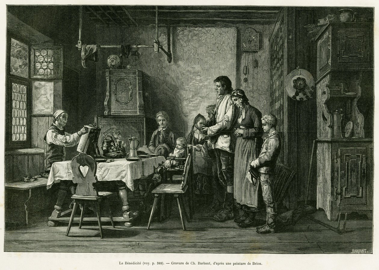 Den velsignede. Barbant-gravering efter et maleri af Brion, for at illustrere historien A Through Alsace and Lorraine, af Charles Grad, tysk deputeret, i 1884, i tour du monde 1886, instrueret af Edouard Charton (1807-1890), Hachette, Paris. af Charles Barbant