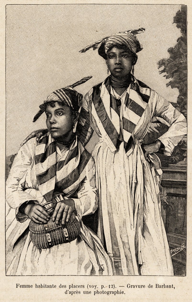 Kvinder, der bor i udgravninger, mineralforekomster. Barbant har graveret et stik til illustration af historien "chez nos indiens, quatre annees de voyage dans la Guiane francaise". af Charles Barbant
