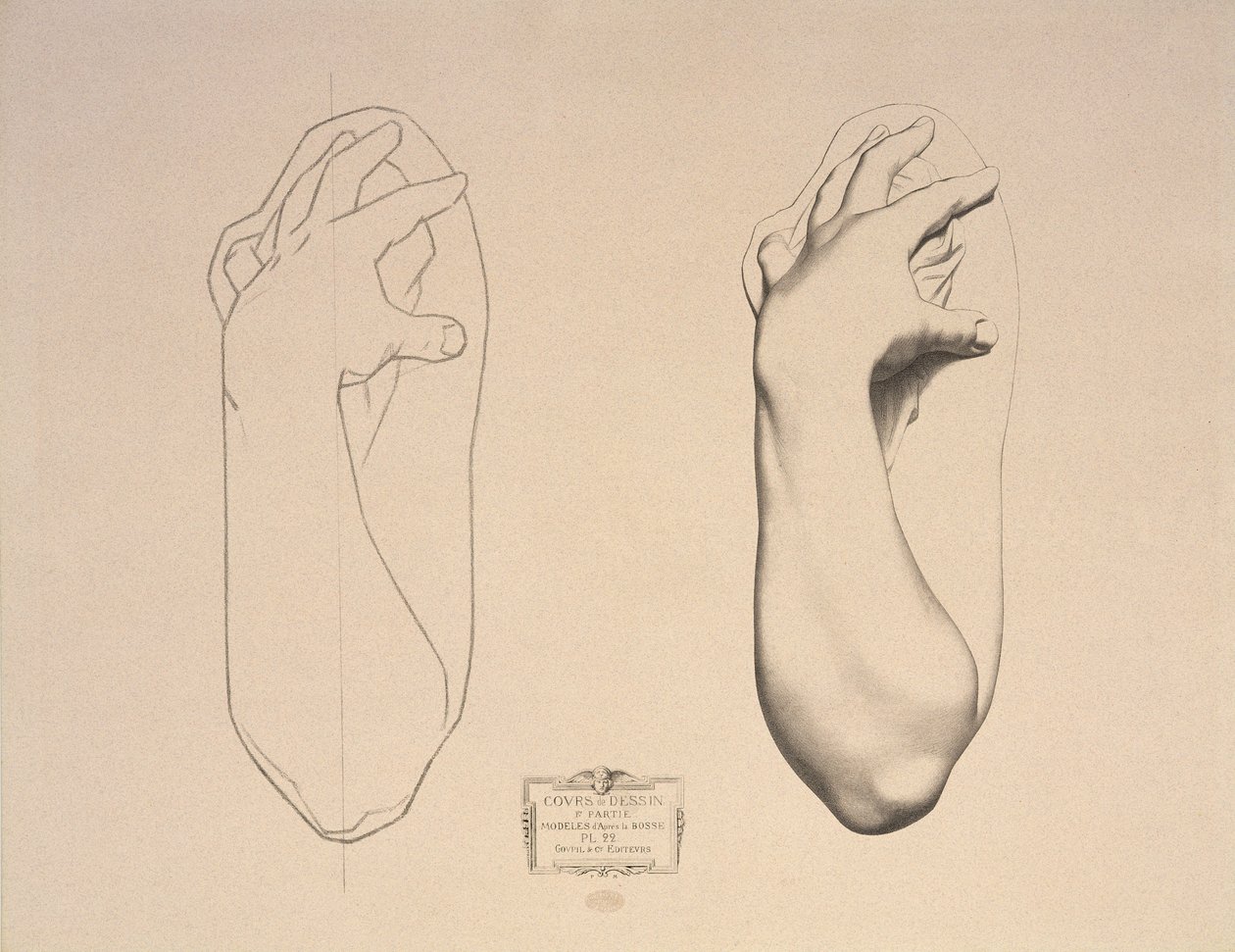 Bent Arm of a Woman, plade 22 fra Cours de Dessin bind I, Modeles dapres la bosse, ca. 1868 af Charles Bargue