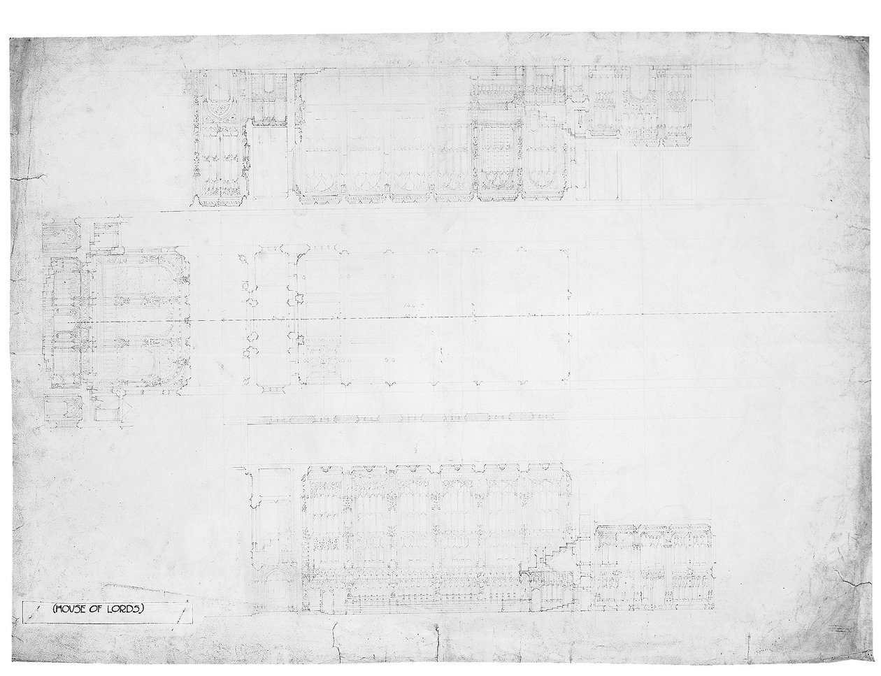 Design til de østlige, vestlige og nordlige højder af House of Lords, ca. 1842 (blyant på papir) af Charles Barry
