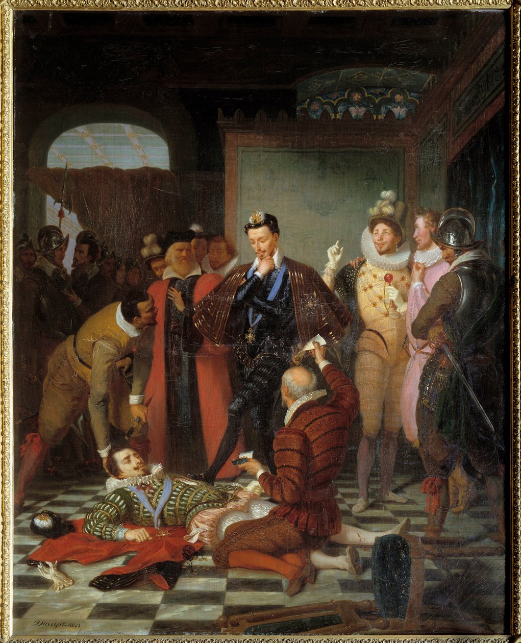 Henrik III, konge af Frankrig, skubber liget af Henri I af Lorraine, hertug af Guise kaldet Balafre (1550-1588) efter hans mord på slottet Blois af Charles Barthelemy Durupt