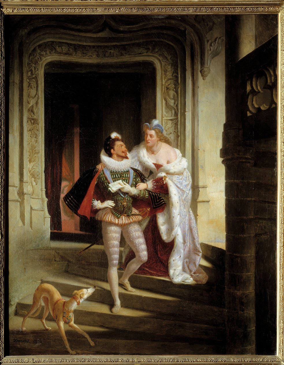 Markisen af Noirmoutiers, Charlotte de Beaune Semblancay (1551-1617), der søger at detournere Henrik I af Lorraine, hertug af Guise kaldet Balafre (1550-1588) for at gå til forsamlingen af staterne Blois før hans attentat (1588) kl. slottet B af Charles Barthelemy Durupt
