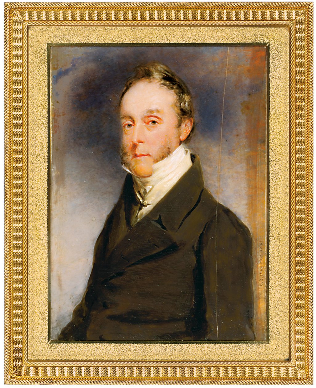 George Hay Hawkins Pennant i brun frakke, hvid vest og hvid skjorte med høj krave, Camden Town, London, 1864 af Charles Basebe