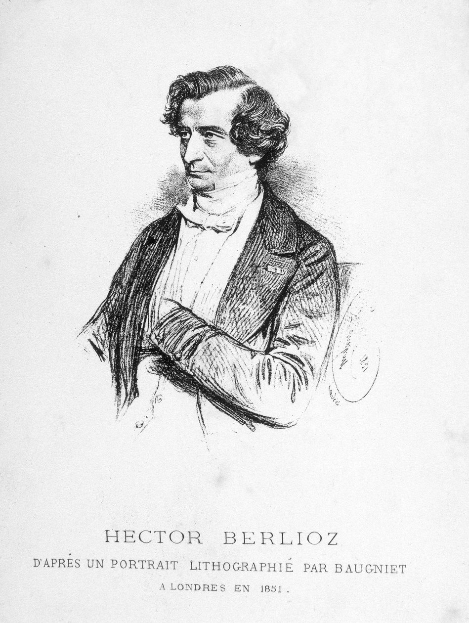 Portræt af Hector Berlioz (1803 - 1869) - baseret på et portræt litografieret af Baugniet i London i 1851. af Charles Baugniet
