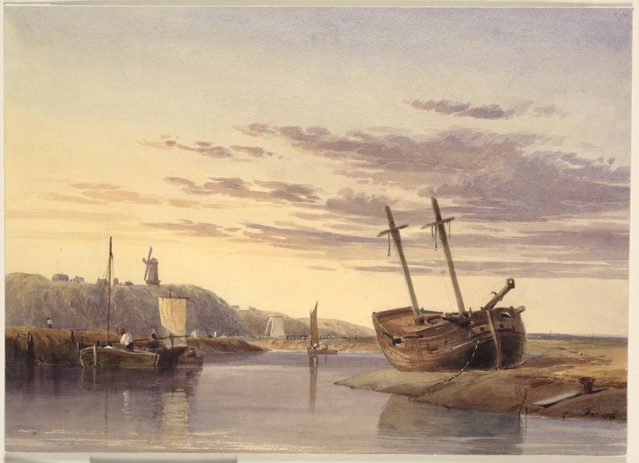 Fiskerbåde i Rye Havn, med en vindmølle i det fjerne af Charles Bentley