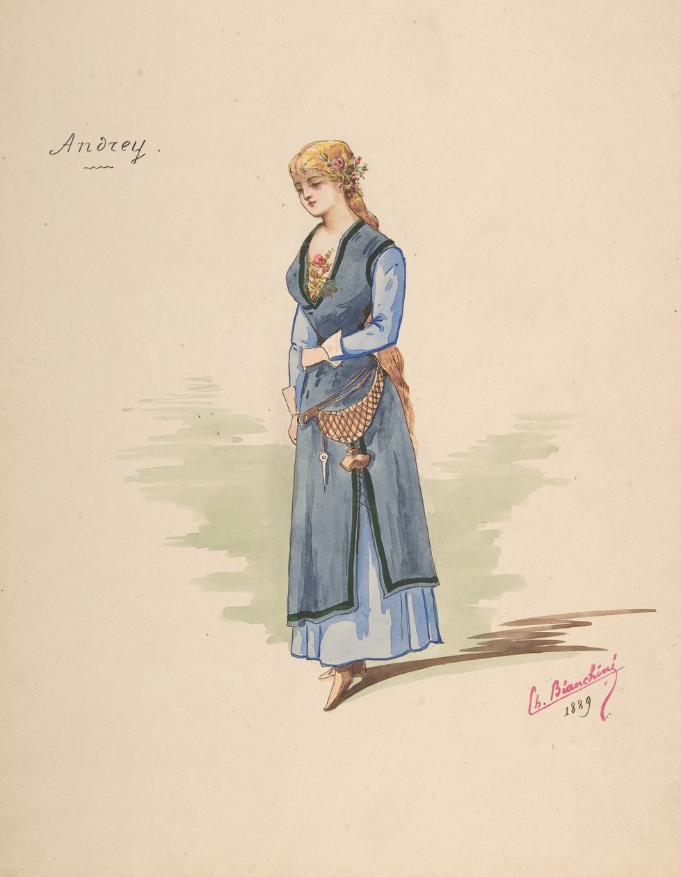 Kostumedesign til Andrey [a], Beskrivende ark med tilbehør [b], 1889. af Charles Bianchini