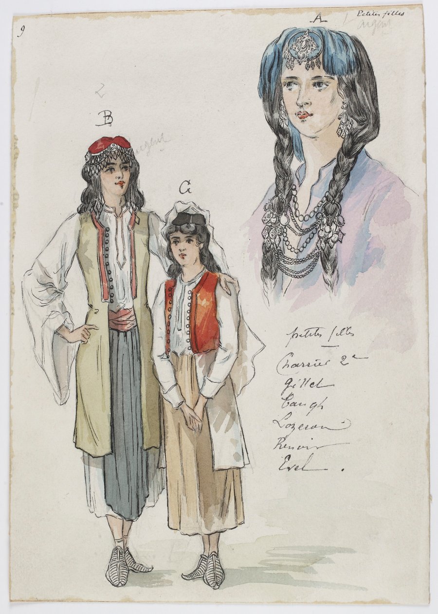 Holmès - Det sorte bjerg - kostumedesign af Charles Bianchini - 09. Små piger. Frøkenerne Charrier 2e, Gillet, Taugh, Lozeran, Renoir, Evel af Charles Bianchini