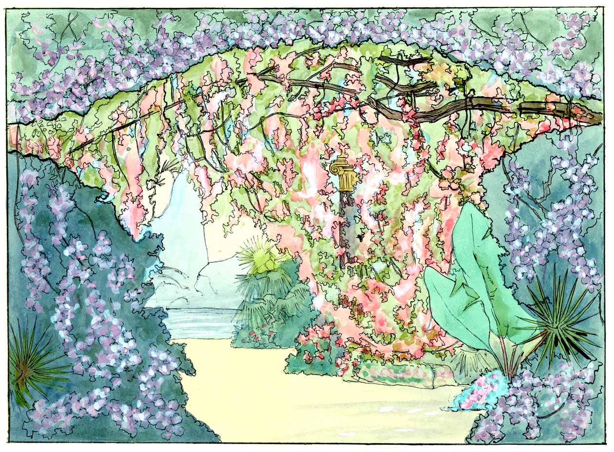 Massenet - Esclarmonde - Scenografi af Charles Bianchini - 2. akt, 1. scene, rosentæppet går ned - tegning af G. Stein, 1889 (b) af Charles Bianchini