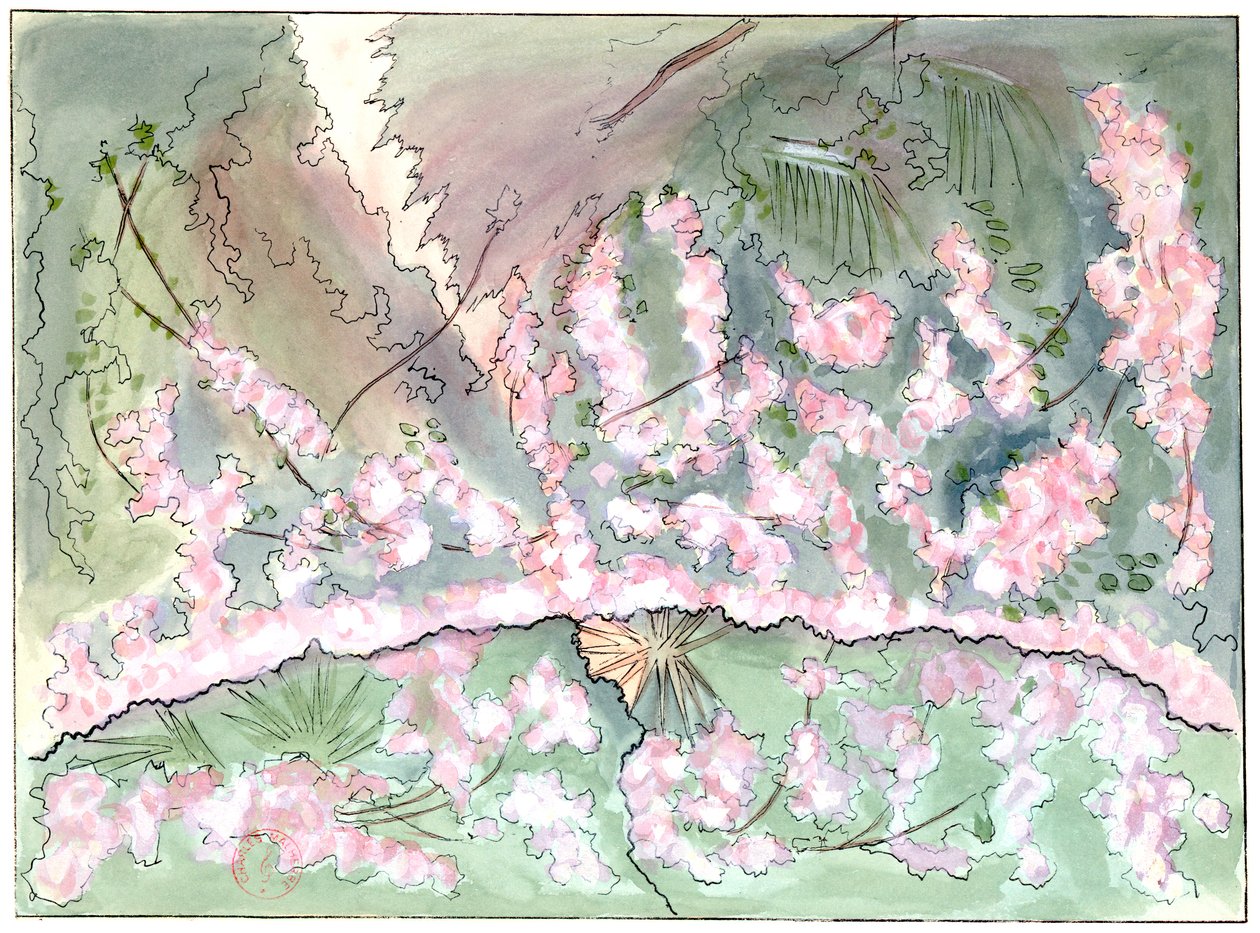 Massenet - Esclarmonde - Scenografi af Charles Bianchini - 2. akt, 1. scene, rosentæppet går ned - tegning af G. Stein, 1889 (c) af Charles Bianchini