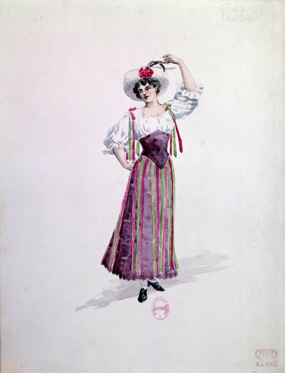 Ung kvindekostume (Nedda eller Colombine?) til operaen "" Paillasse"" (de pagliacci, klovne) af Ruggero Leoncavallo (1857-1919) fra 1892. Akvarel af Charles Bianchini (1860-1905) af Charles Bianchini