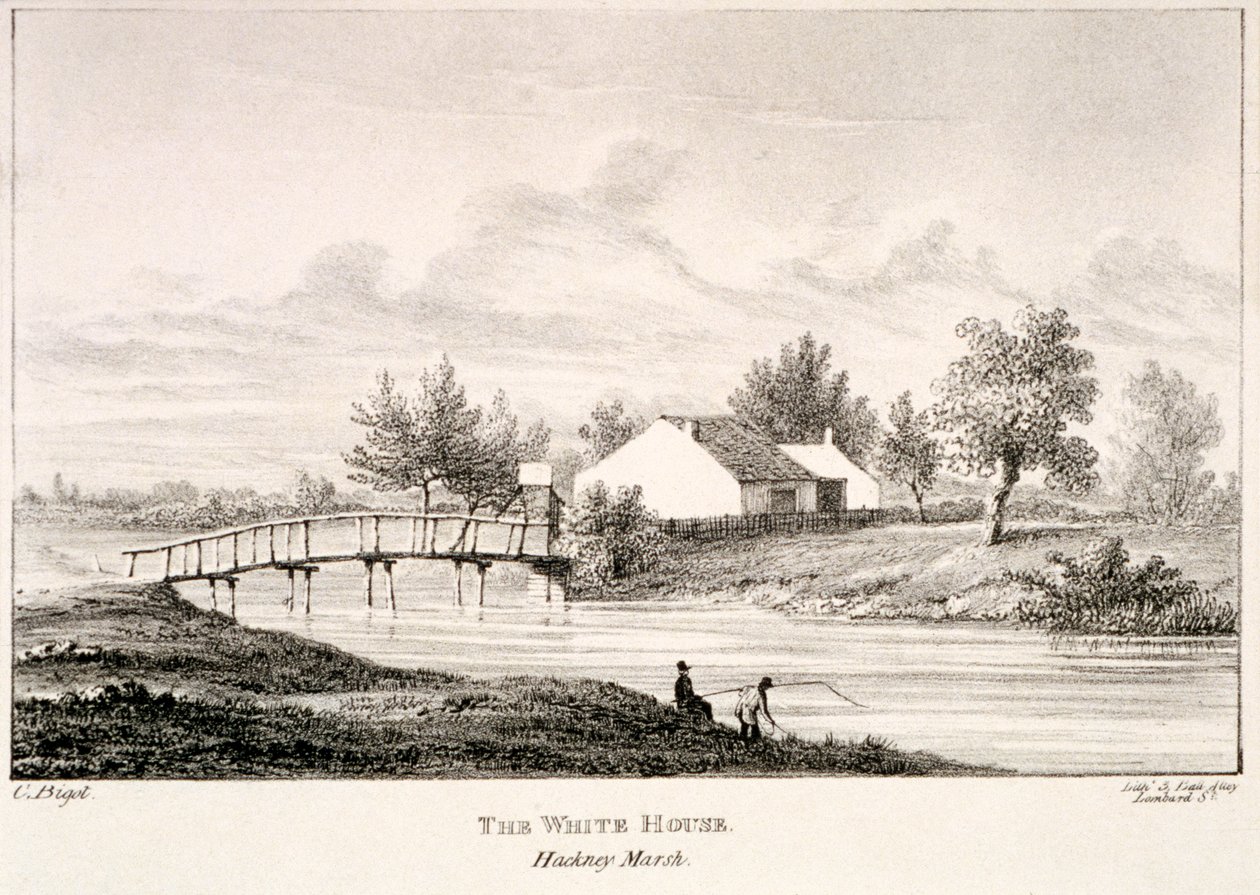 Det Hvide Hus ved bredden af floden Lea, Hackney Marsh, London, c1830 af Charles Bigot