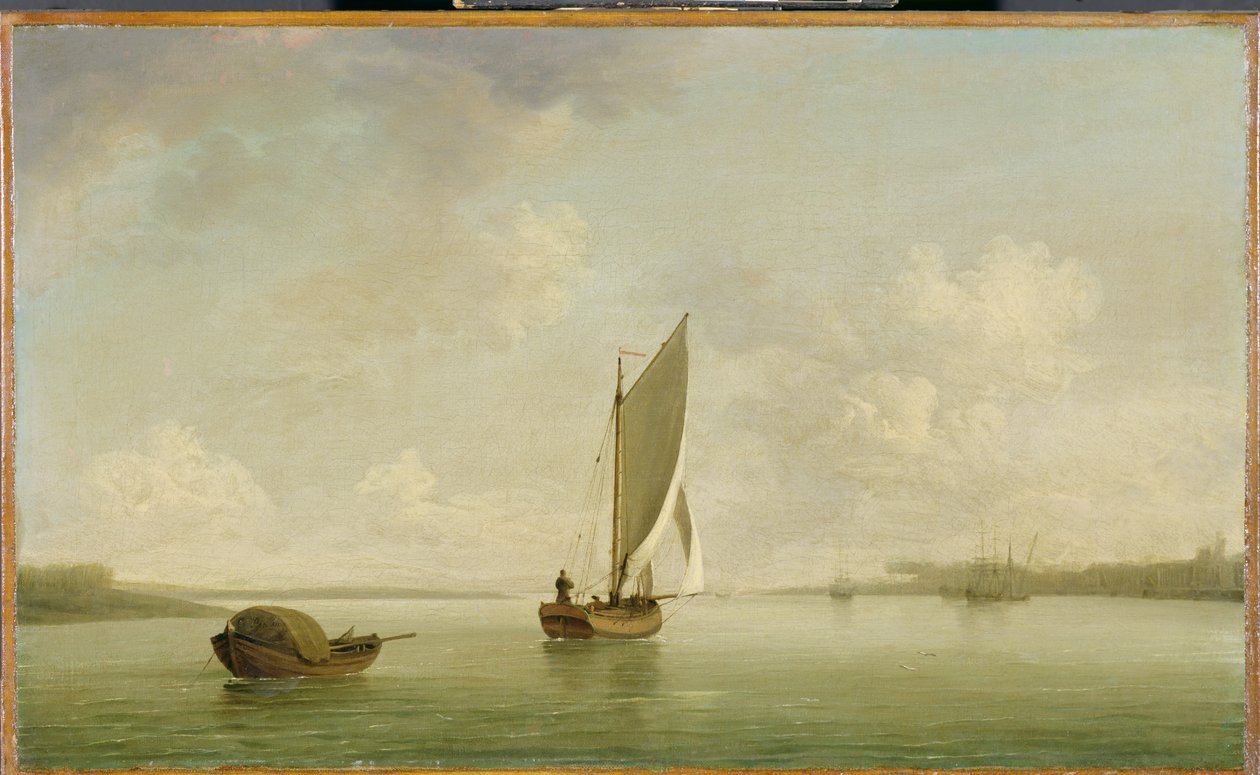 A Smack Under Sail in a Light Breeze in a River, ca. 1756-9 (olie på lærred) af Charles Brooking