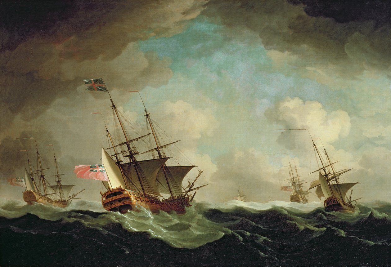 En eskadre på vej mod vinden, ca. 1750 (olie på lærred) af Charles Brooking