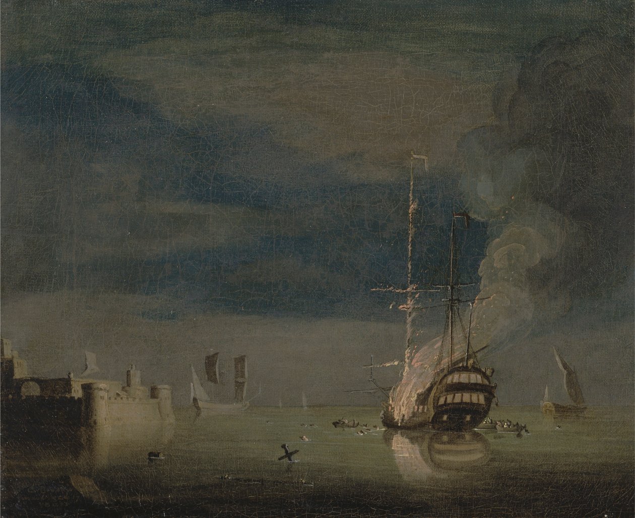 En todækker i brand om natten ved et fort af Charles Brooking