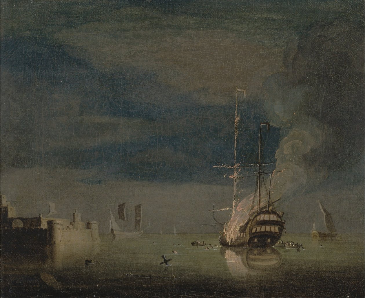 En to-decker i brand om natten ved et fort af Charles Brooking